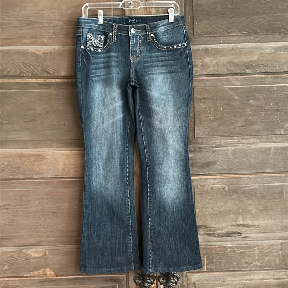 Earl Jeans Rhinestone Jeweled Pockets Size 7 Rodeo Bling Jeans Boho Boot Cut